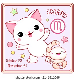 Zodiac Scorpio sign character in kawaii style. Square card with cute little white kitty and Zodiac symbol, date of birth. Cartoon baby cat and Zodiacal card. Vector illustration EPS8