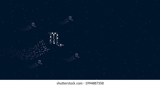 A zodiac scorpio symbol filled with dots flies through the stars leaving a trail behind. There are four small symbols around. Vector illustration on dark blue background with stars