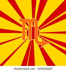 Zodiac scorpio symbol on a background of red flash explosion radial lines. A large orange symbol is located in the center of the sunrise. Vector illustration on yellow background
