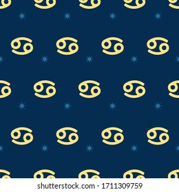 Patrón de oro sin fisuras de zodiaco. Repetir el signo del cáncer con estrellas en el fondo azul. Símbolo del horóscopo vectorial
