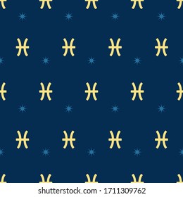 Zodiac seamless gold pattern. Repeating pisces sign with stars on the blue background. Vector horoscope symbol
