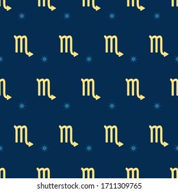 Zodiac nahtloses Goldmuster. Wiederholtes Skorpiuszeichen mit Sternen auf blauem Hintergrund. Horoskop-Symbol der Vektorillustration