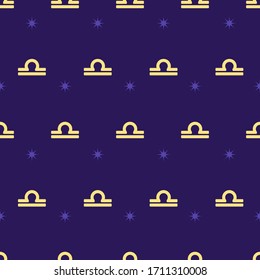 Zodiac seamless gold pattern. Repeating libra sign with stars on the purple background. Vector horoscope symbol