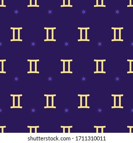 Zodiac seamless gold pattern. Repeating gemini sign with stars on the purple background. Vector horoscope symbol