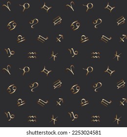 Zodiac seamless pattern. Astrological signs on a black background. Horoscope symbols on a space. Vector illustration.