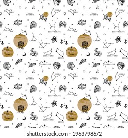 Zodiac seamless pattern boho magical vintage distressed art symbols or labels