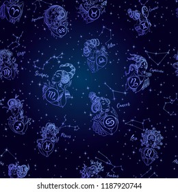 Zodiac. Seamless pattern. Girls. Vector illustration . constellation