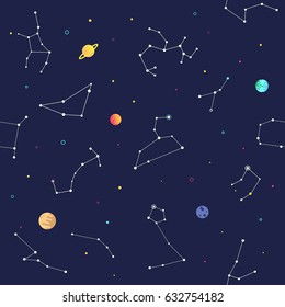 Patrón sin fisuras de zodiaco con estrellas brillantes, constelaciones, planetas, meteoritos. Fondo azul oscuro.