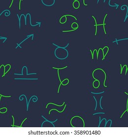 Zodiac seamless pattern, sign , doodles, hole,taurus,capricorn,virgo,pisces, cancer,scorpio,libra, gemini,aquarius, lion,aries,sagittarius. Hand drawn.