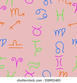 Zodiac seamless pattern, sign , doodles, hole,taurus,capricorn,virgo,pisces, cancer,scorpio,libra, gemini,aquarius, lion,aries,sagittarius. Hand drawn.