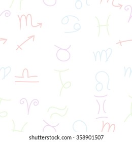 Zodiac seamless pattern, sign , doodles, hole,taurus,capricorn,virgo,pisces, cancer,scorpio,libra, gemini,aquarius, lion,aries,sagittarius. Hand drawn.