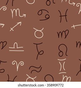 Zodiac seamless pattern, sign , doodles, hole,taurus,capricorn,virgo,pisces, cancer,scorpio,libra, gemini,aquarius, lion,aries,sagittarius. Hand drawn.