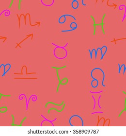 Zodiac seamless pattern, sign , doodles, hole,taurus,capricorn,virgo,pisces, cancer,scorpio,libra, gemini,aquarius, lion,aries,sagittarius. Hand drawn.