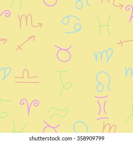 Zodiac seamless pattern, sign , doodles, hole,taurus,capricorn,virgo,pisces, cancer,scorpio,libra, gemini,aquarius, lion,aries,sagittarius. Hand drawn.