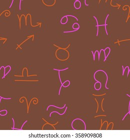 Zodiac seamless pattern, sign , doodles, hole,taurus,capricorn,virgo,pisces, cancer,scorpio,libra, gemini,aquarius, lion,aries,sagittarius. Hand drawn.