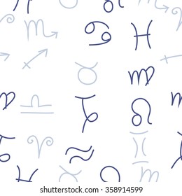 Zodiac seamless pattern, sign , doodles, hole,taurus,capricorn,virgo,pisces, cancer,scorpio,libra, gemini,aquarius, lion,aries,sagittarius. Hand drawn.