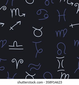 Zodiac seamless pattern, sign , doodles, hole,taurus,capricorn,virgo,pisces, cancer,scorpio,libra, gemini,aquarius, lion,aries,sagittarius. Hand drawn.