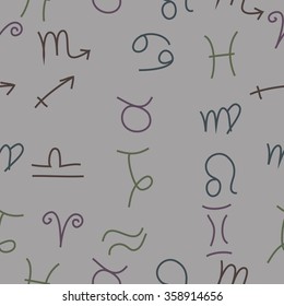 Zodiac seamless pattern, sign , doodles, hole,taurus,capricorn,virgo,pisces, cancer,scorpio,libra, gemini,aquarius, lion,aries,sagittarius. Hand drawn.