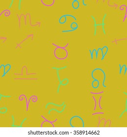 Zodiac seamless pattern, sign , doodles, hole,taurus,capricorn,virgo,pisces, cancer,scorpio,libra, gemini,aquarius, lion,aries,sagittarius. Hand drawn.
