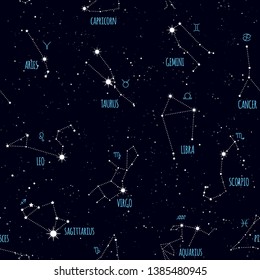 Zodiac seamless pattern, space, star constellations, horoscope symbols. Texture for wallpapers, fabric, wrap, web page backgrounds, vector illustration