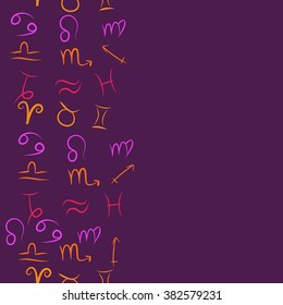Zodiac seamless vertical  pattern, sign , doodles, hole,taurus,capricorn,virgo,pisces, cancer,scorpio,libra, gemini,aquarius, lion,aries,sagittarius, copy space. Hand drawn.