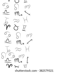 Zodiac seamless vertical  pattern, sign , doodles, hole,taurus,capricorn,virgo,pisces, cancer,scorpio,libra, gemini,aquarius, lion,aries,sagittarius, copy space. Hand drawn.
