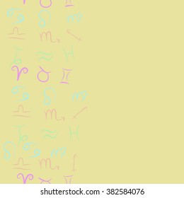 Zodiac seamless vertical  pattern, sign , doodles, hole,taurus,capricorn,virgo,pisces, cancer,scorpio,libra, gemini,aquarius, lion,aries,sagittarius, copy space. Hand drawn.