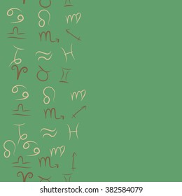 Zodiac seamless vertical  pattern, sign , doodles, hole,taurus,capricorn,virgo,pisces, cancer,scorpio,libra, gemini,aquarius, lion,aries,sagittarius, copy space. Hand drawn.