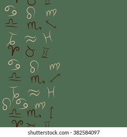 Zodiac seamless vertical  pattern, sign , doodles, hole,taurus,capricorn,virgo,pisces, cancer,scorpio,libra, gemini,aquarius, lion,aries,sagittarius, copy space. Hand drawn.