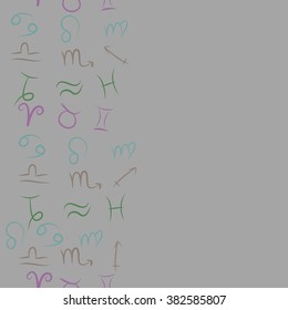 Zodiac seamless vertical  pattern, sign , doodles, hole,taurus,capricorn,virgo,pisces, cancer,scorpio,libra, gemini,aquarius, lion,aries,sagittarius, copy space. Hand drawn.