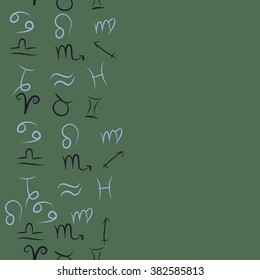 Zodiac seamless vertical  pattern, sign , doodles, hole,taurus,capricorn,virgo,pisces, cancer,scorpio,libra, gemini,aquarius, lion,aries,sagittarius, copy space. Hand drawn.