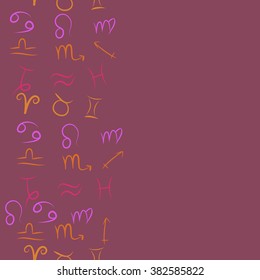 Zodiac seamless vertical  pattern, sign , doodles, hole,taurus,capricorn,virgo,pisces, cancer,scorpio,libra, gemini,aquarius, lion,aries,sagittarius, copy space. Hand drawn.