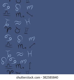 Zodiac seamless vertical  pattern, sign , doodles, hole,taurus,capricorn,virgo,pisces, cancer,scorpio,libra, gemini,aquarius, lion,aries,sagittarius, copy space. Hand drawn.