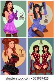 Zodiac set of astrological sign. Vector illustration with portrait of pin up girls.