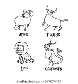 Zodiac Set Doodle (Series 1), a set of Aries, Taurus, Leo, and Capricorn Astrological Illustration