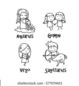 Zodiac Set Doodle (Series 2), a set of Aquarius, Gemini, Virgo, and Sagittarius Astrological Illustration