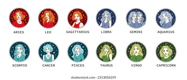 Zodiac set. Faces of women divided by astrological sign elements, fire, earth, water, air.
