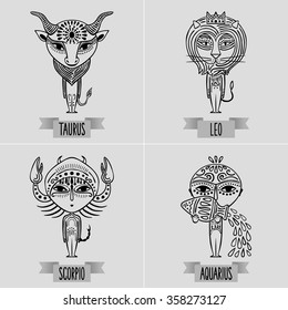 zodiac set of fixed signs - decorative minimalist drawing of taurus, leo, scorpio, aquarius
