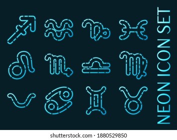 Zodiac set icons. Blue glowing neon style.