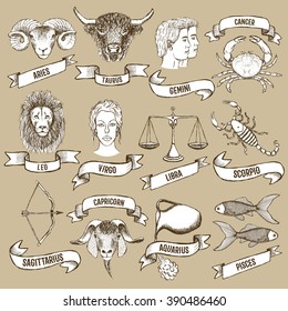 Zodiac set with ribbons in vintage style, vector