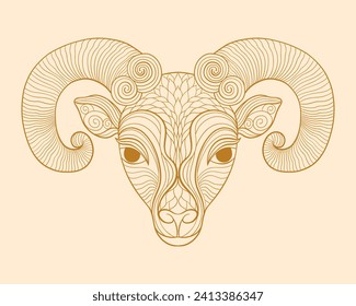 Zodiac sign according to the horoscope is Capricorn. Goat capricorn animal head with horns. Linear drawing for engraving.Vector illustration.