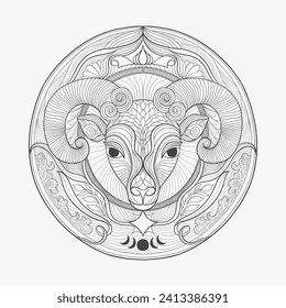 Zodiac sign according to the horoscope is Capricorn. Goat capricorn animal head with horns. Linear drawing for engraving.Vector illustration.