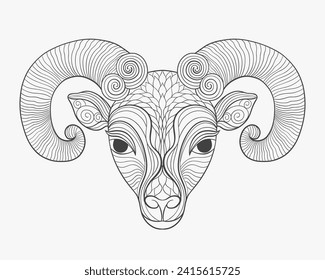 Zodiac sign according to the horoscope is Capricorn. Goat capricorn animal head with horns. Linear drawing for engraving.Vector illustration.