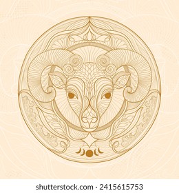Zodiac sign according to the horoscope is Capricorn. Goat capricorn animal head with horns. Linear drawing for engraving.Vector illustration.