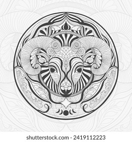 Zodiac sign according to the horoscope is Capricorn. Goat capricorn animal head with horns. Linear drawing for engraving.Vector illustration.