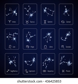 Zodiac sign all horoscope constellation stars for mobile application vector template. Constellation for horoscope and zodiac constellation virgo leo and libra illustration