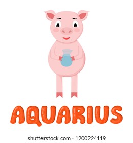 Zodiac sign Aquarius. 2019 year of the pig. Piglet with water jug. Funny horoscope. Cute animal. Vector illustration in cartoon style. Lettering jelly Aquarius. Isolated object on white background.
