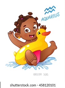 zodiac sign Aquarius. African American child enjoys swimming. water fun, splashing and rescue circle inflatable duck.