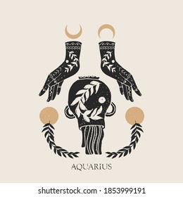 Zodiac sign Aquarius in boho style. Trendy vector illustration.