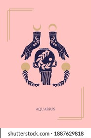 Zodiac sign Aquarius in boho style on the pink background. Trendy vector illustration.